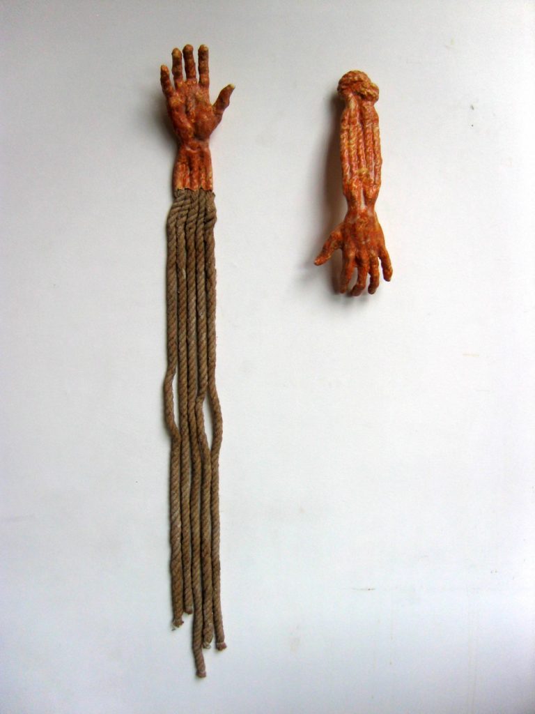 Hands II, 2007, ceramic and rope, 45 cm x 17 cm x 10 cm and 140 cm x 16 cm x 5 cm