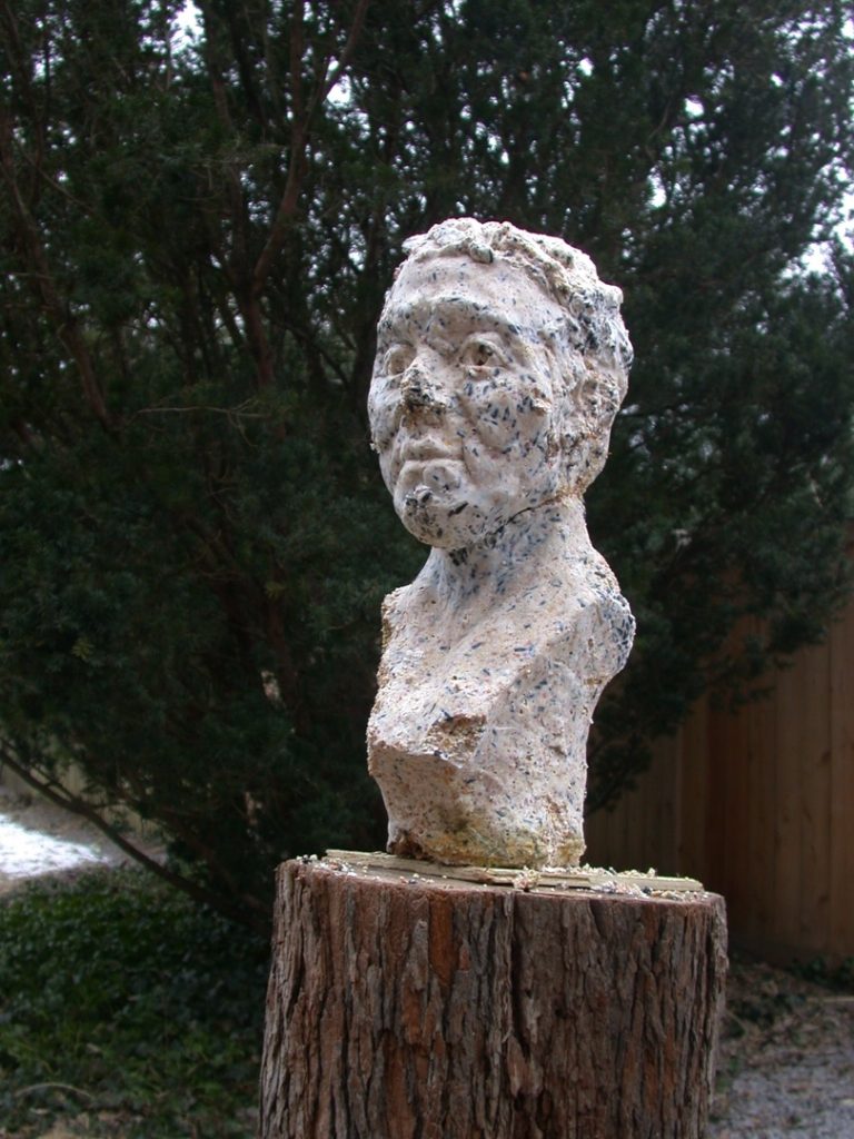 Bite Me, installation, portrait bust cast from birdseed and beef suet, duration: 2 weeks, 2005.