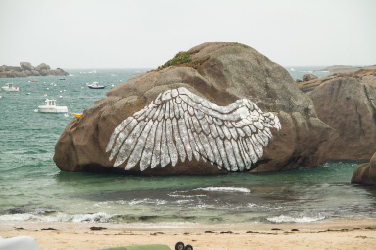 Kasia OZGA, Oiseau Rare (Rare Bird), Temporary Mural, 10 meters x 6,5 meters, Coz-Pors Beach, Trégastel, Festival de l'Estran, 2018.