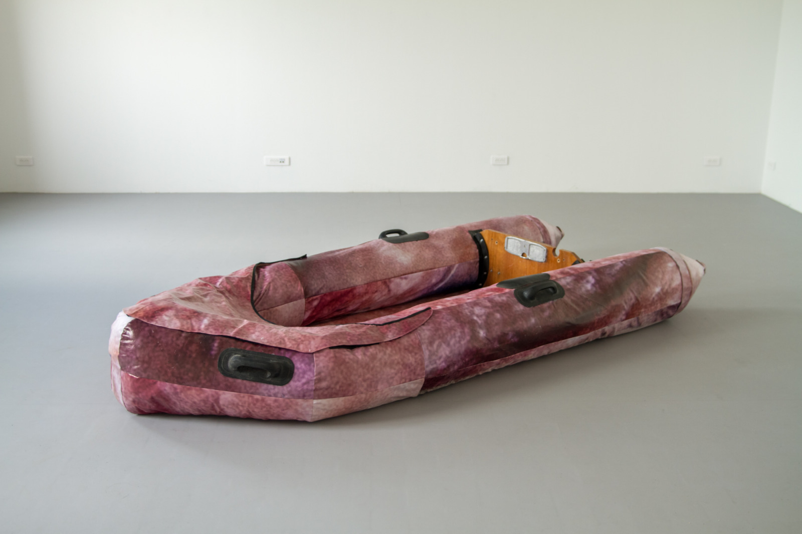 Save your skin (Sauver sa peau), 2020, soft sculpture, sewn photo on vinyl banner, foam stuffing, thread, glue, velcro, 330 cm x 150 cm x 40 cm.