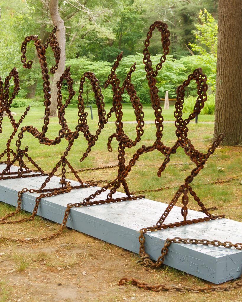 We the People, 2026. Outdoor public art commission produced for Under Construction: America at 250, Art Complex Museum, Welded steel chain, 2l' x 6' x 2. Detail Image.